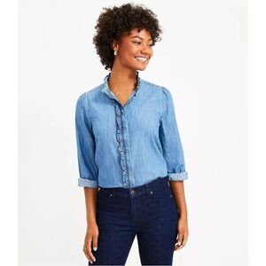 4/$25 SALE LOFT Blue Chambray Long Sleeve Denim Ruffle Blouse